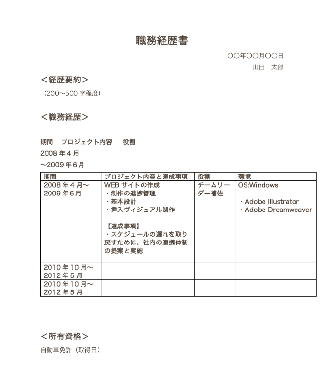 キャリア式の職務経歴書のサンプル画像