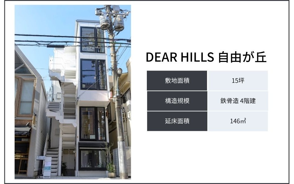 商業エリアに特化した狭小株式会社Yoursの物件『DEAR HILLS　自由が丘』地専門の不動産デベロッパーとして、都心部に多く存在する流動化しづらい小規模な土地を、高い収益性を持つ不動産へと開発し、市場へ提供することで新たな価値を創造しています。